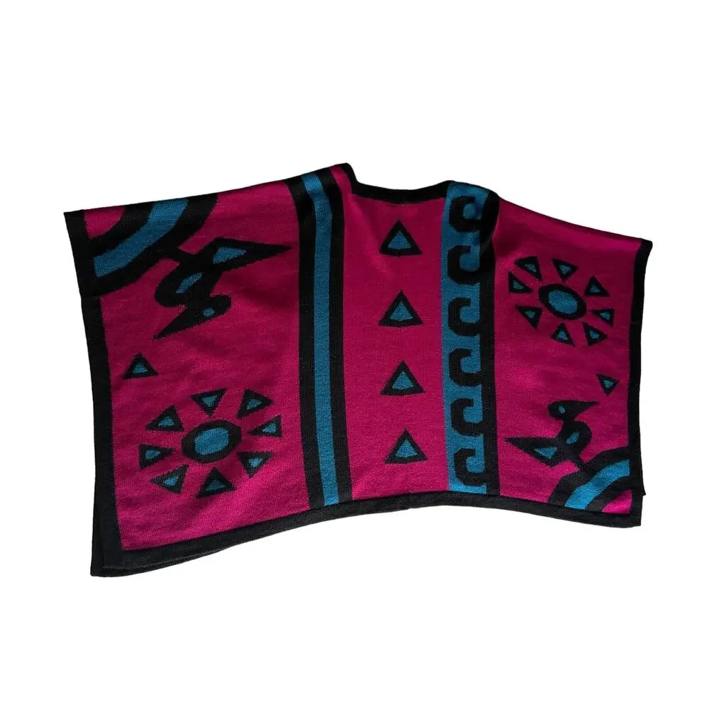 Origin Alpaca Bright‎ South American Graphic Pink Teal Knit Ruana Poncho Wrap OS